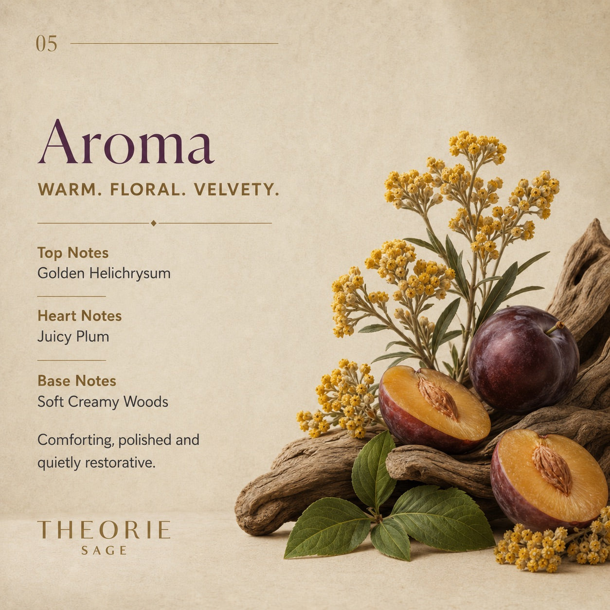 Aromatherapy description with plums, helichrysum, and wood on a beige background
