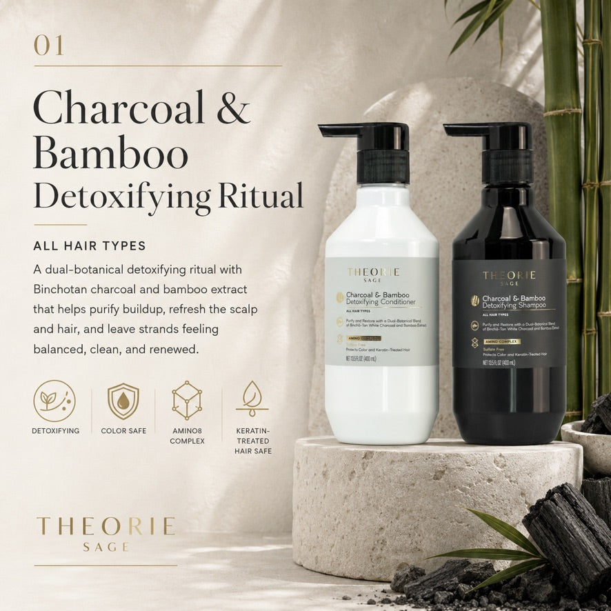 Two bottles of Theorie Sage Charcoal & Bamboo Detoxifying Ritual products on a neutral background with text and branding.