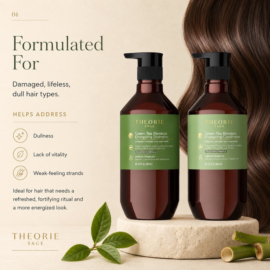 Two bottles of Theorie Sage shampoo and conditioner with green labels, surrounded by bamboo and leaves on a beige background.