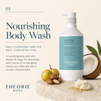 Nourishing body wash bottle with ingredients on a beige background, featuring Theorie Body brand.