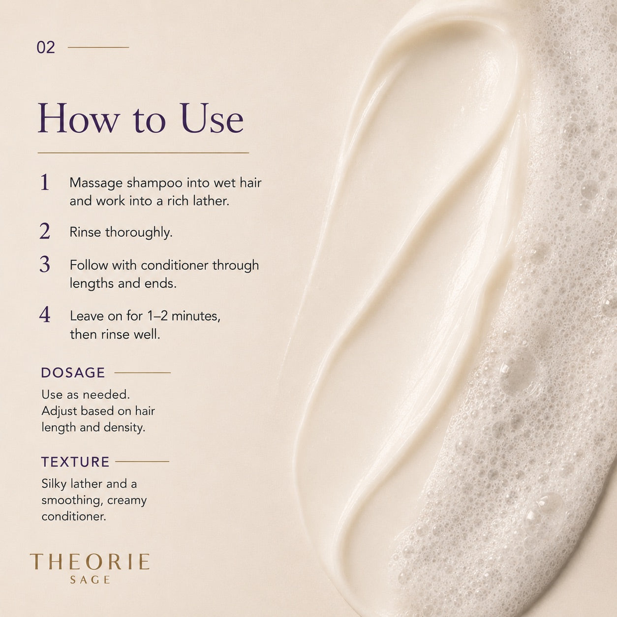 Instructions on how to use a hair care product with a close-up of the texture and brand name 'Theorie Sage'.