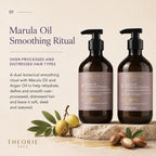Two bottles of Theorie Sage Marula Oil Smoothing Ritual shampoo and conditioner on a neutral background with marula oil fruits.