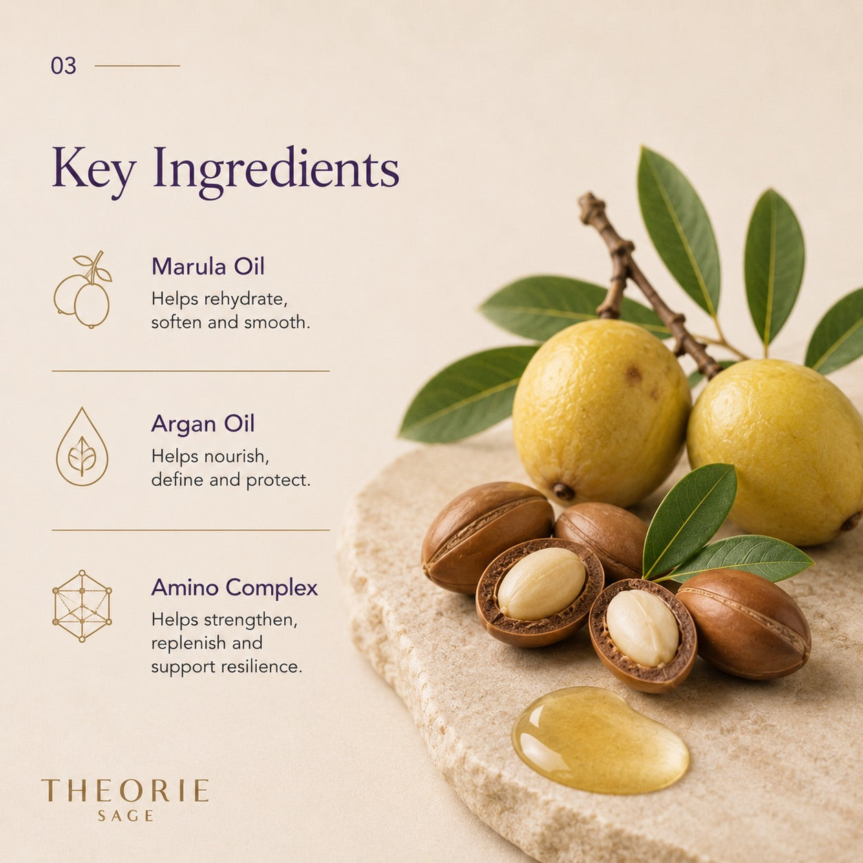 Key ingredients of a skincare product with marula oil, argan oil, and amino complex on a beige background.