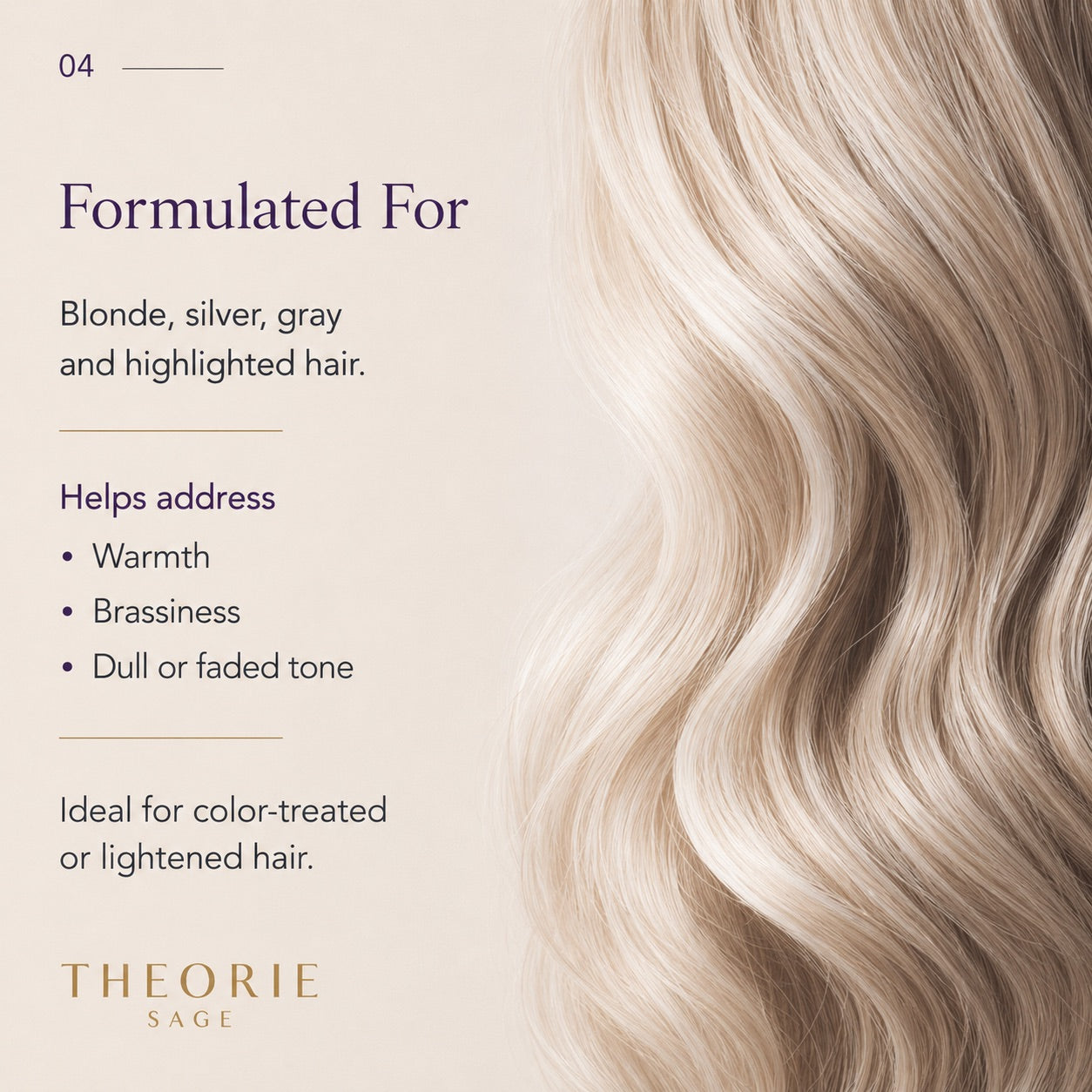 Blonde hair with text about hair color treatment for blonde, silver, gray, and highlighted hair.