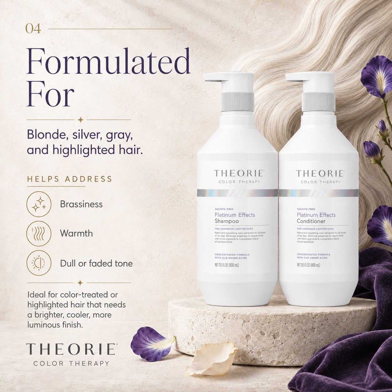 Theorie shampoo and conditioner bottles with text about blonde, silver, gray, and highlighted hair on a neutral background.