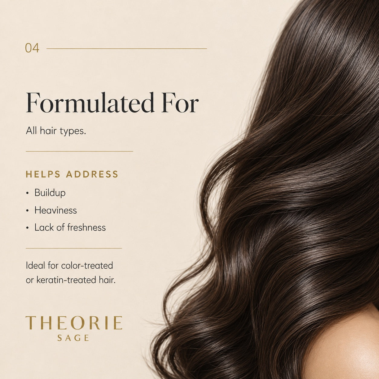 Text about hair care product with a side view of wavy brown hair on a beige background, featuring the brand 'Theorie'.