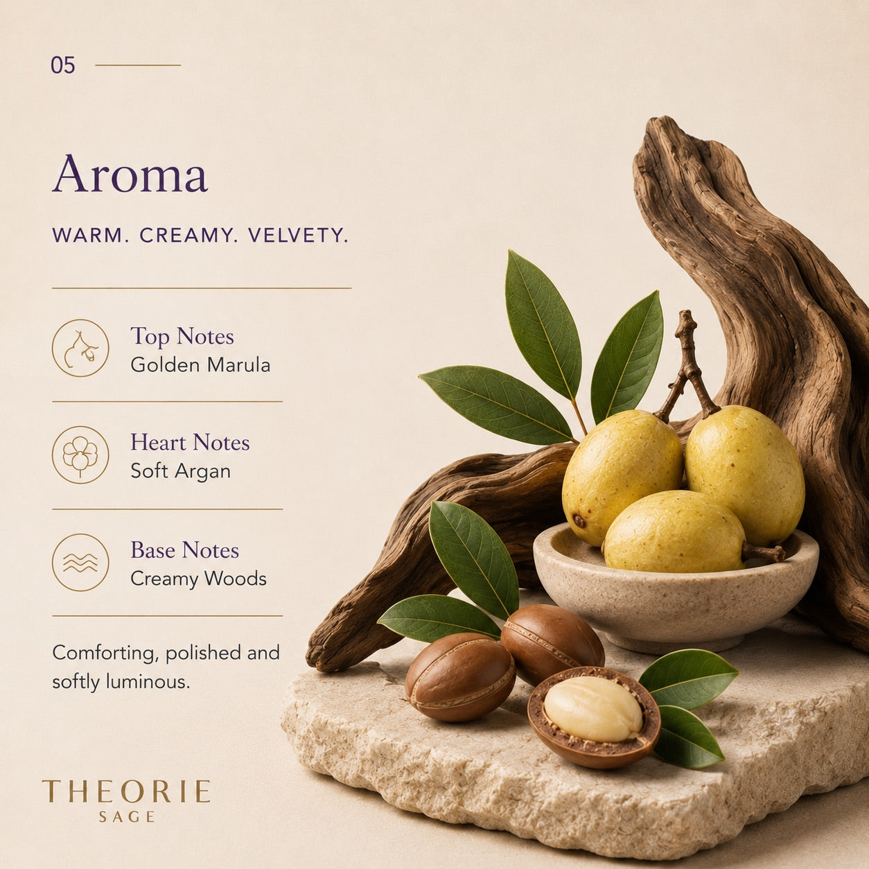 Aromatherapy product with ingredients and description on a neutral background