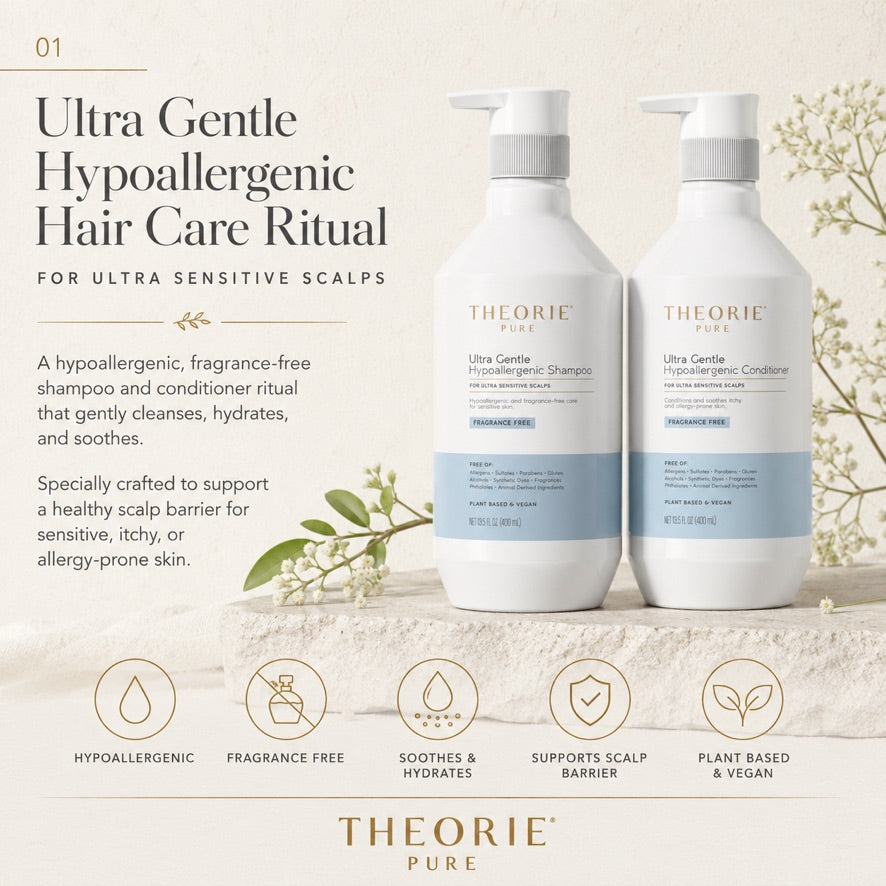 Two bottles of Theorie Pure Ultra Gentle Hypoallergenic Hair Care Ritual on a light background with text and branding.