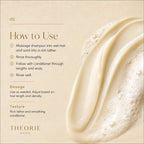 Instructions on how to use a conditioner with a close-up of the product and brand name 'Theorie' displayed.