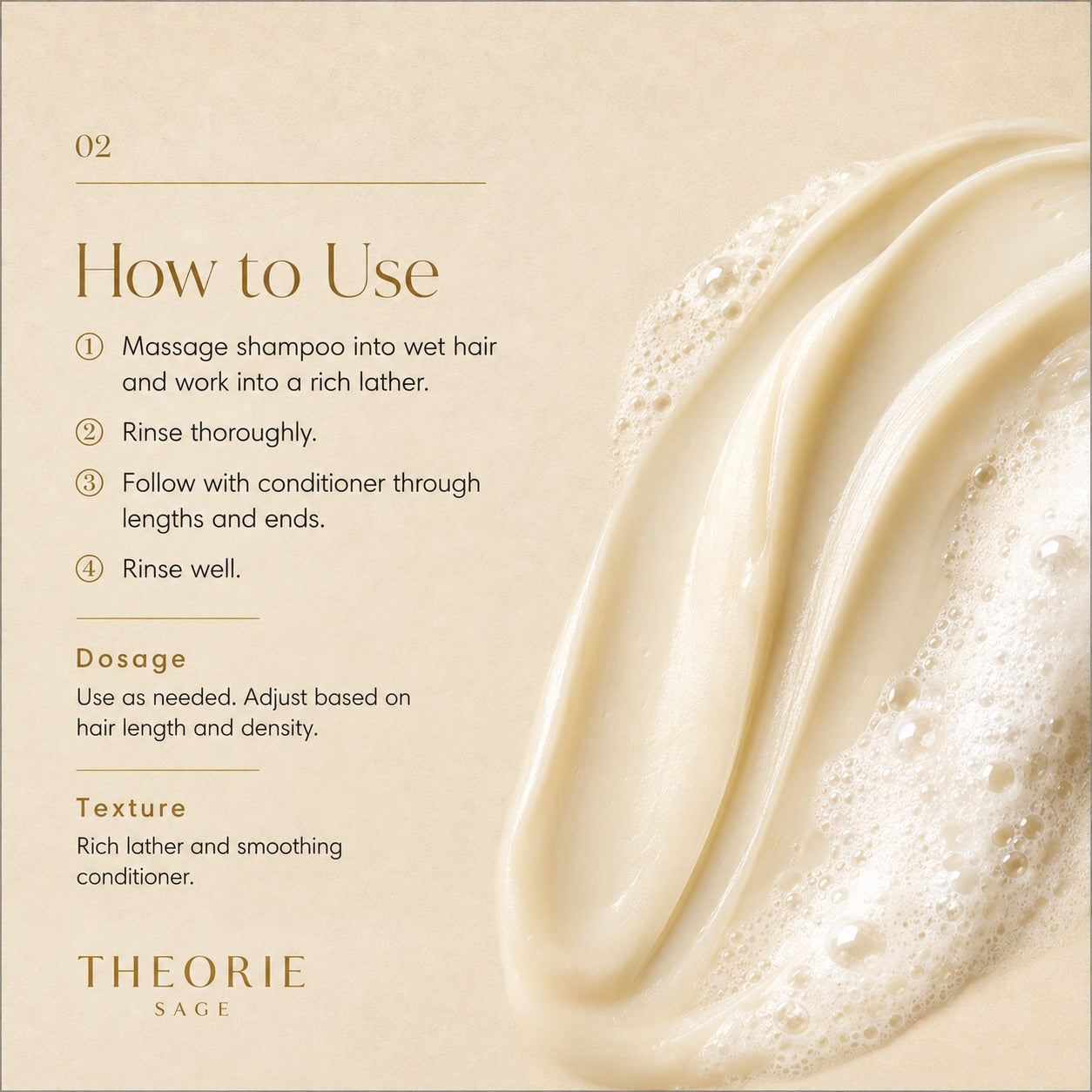 Instructions on how to use a conditioner with a close-up of the product and brand name 'Theorie' displayed.