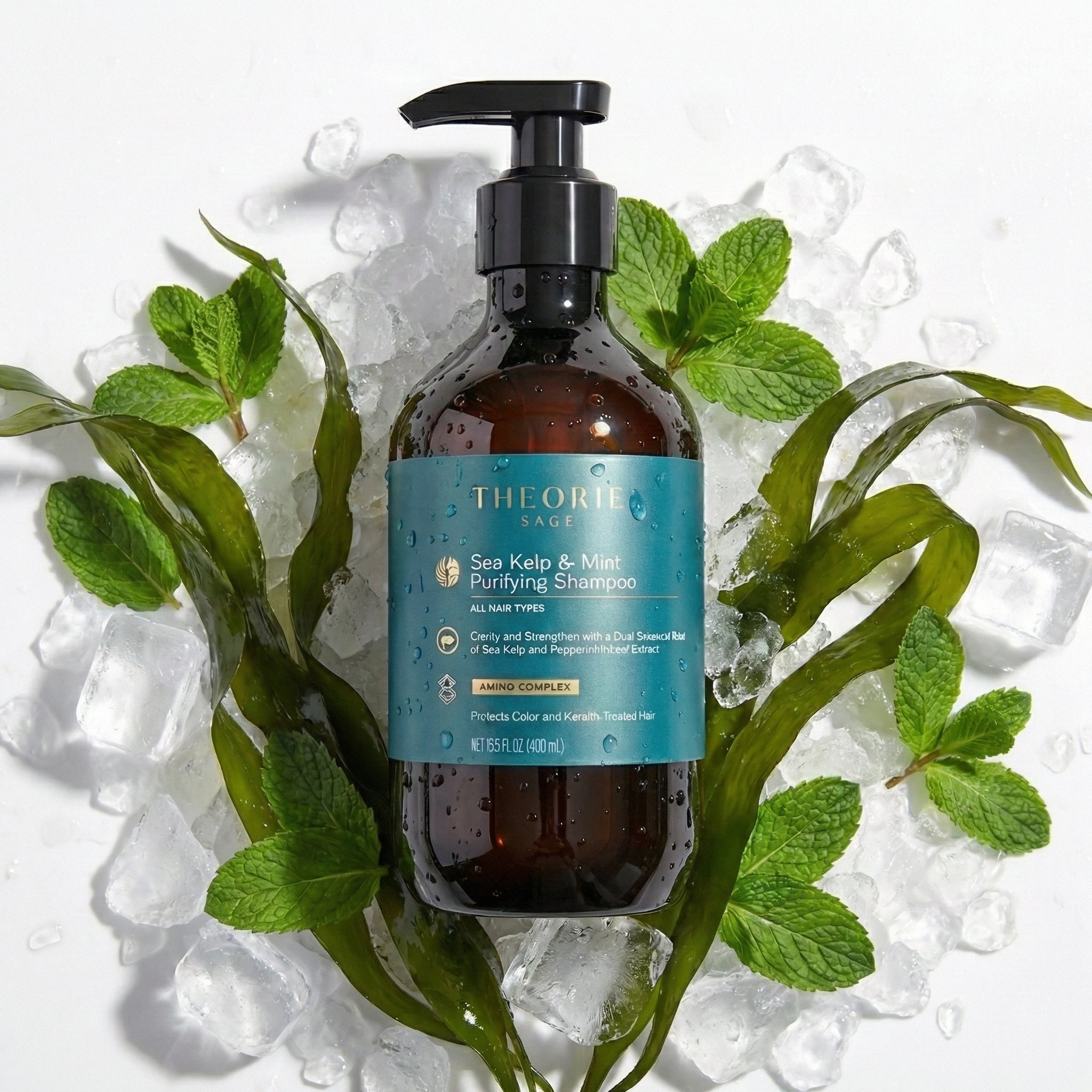 Bottle of The-Orth Sage Sea Kelp & Mint Purifying Shampoo surrounded by green leaves and ice cubes on a white background.