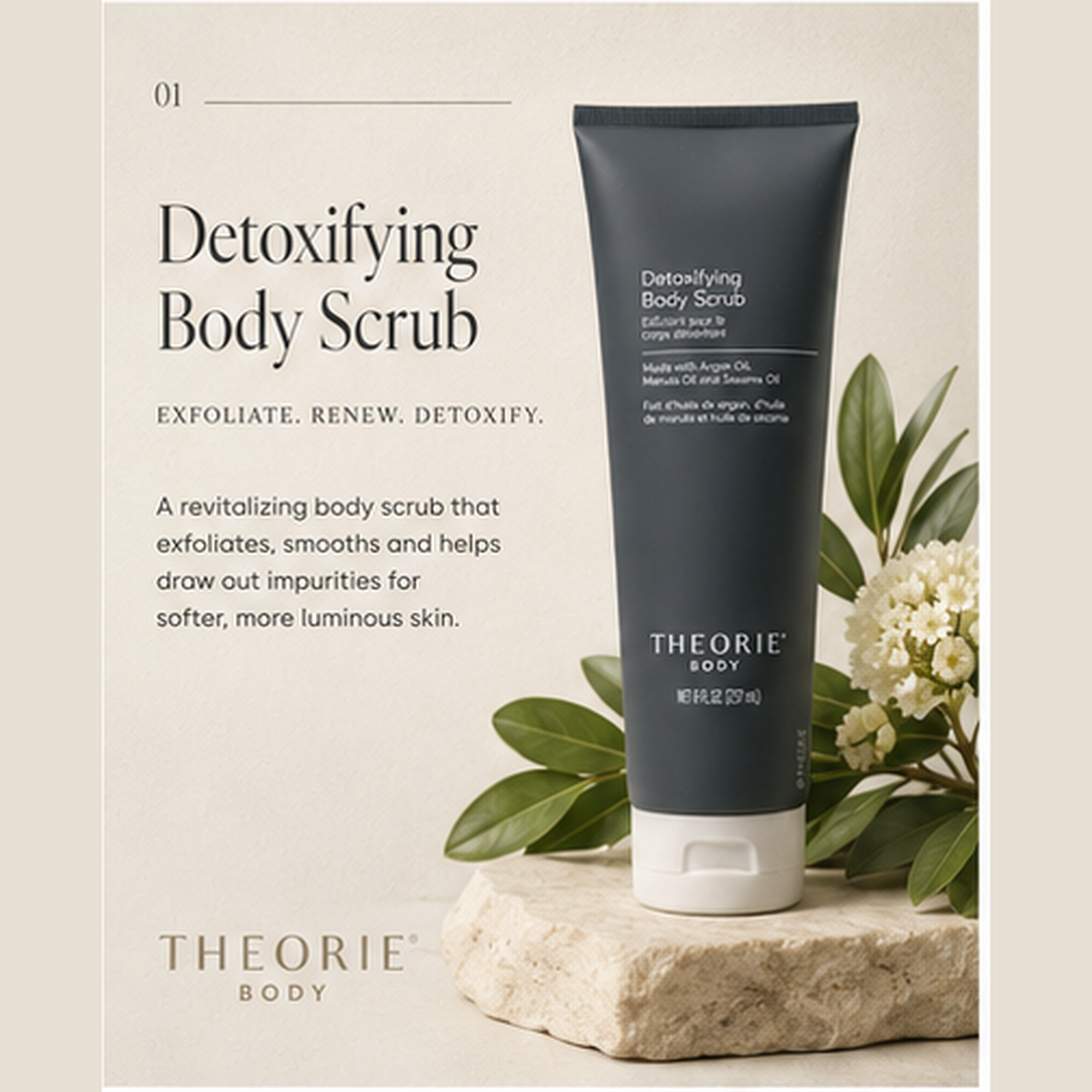 Theorie Body detoxifying body scrub with text on a neutral background