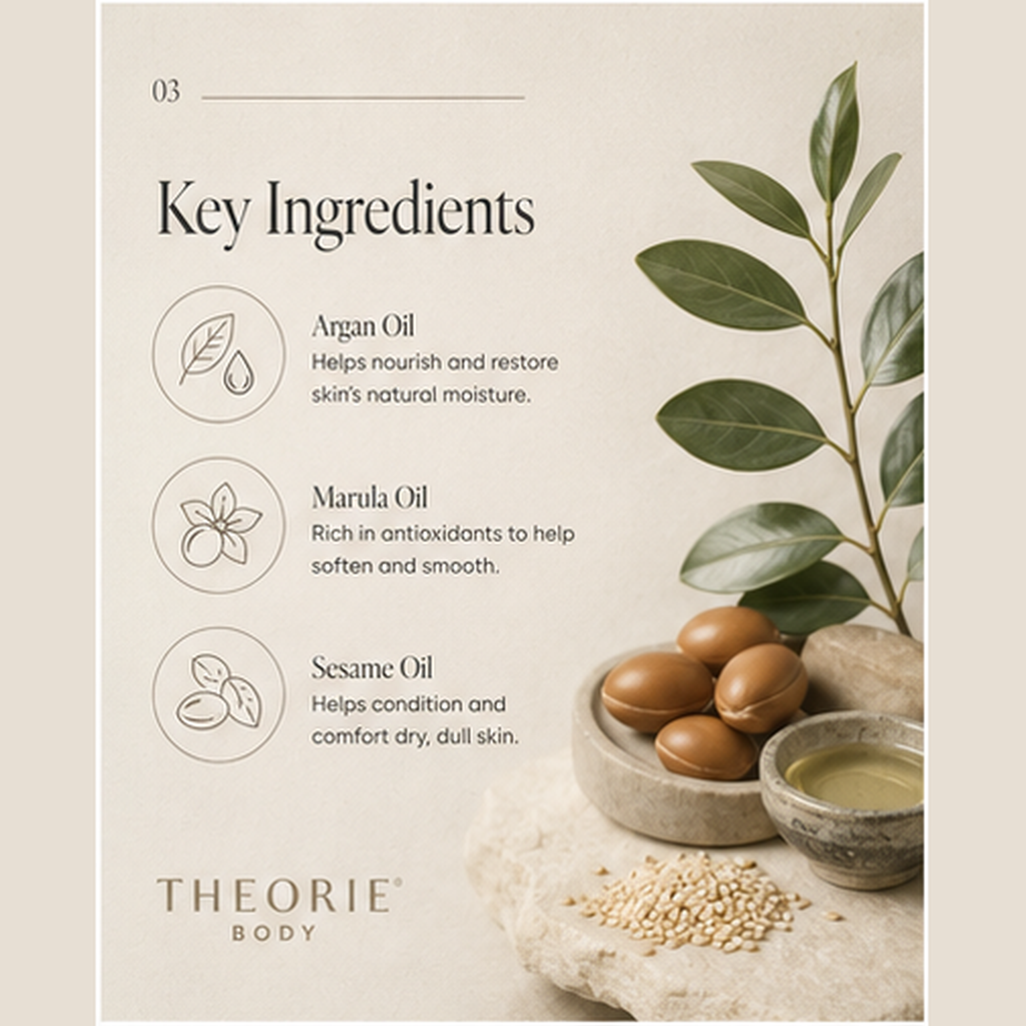 Key ingredients of a skincare product with argan oil, marula oil, and sesame oil displayed on a neutral background.