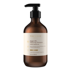 Brown shampoo bottle with black pump and white label on a white background