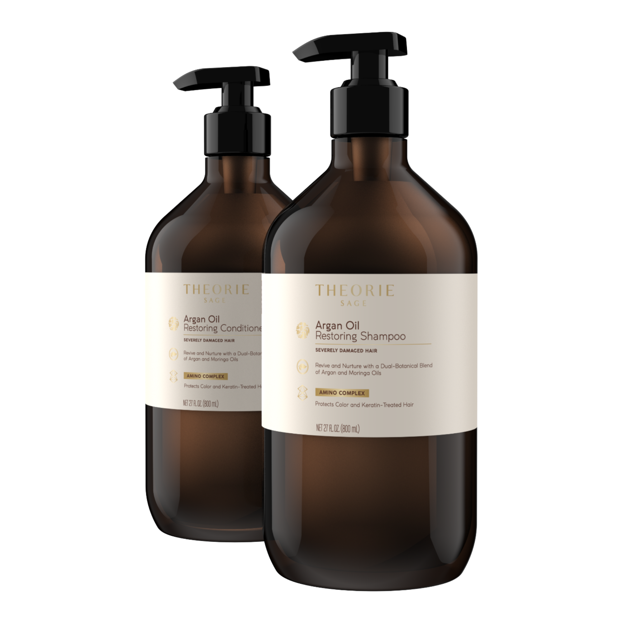 Two bottles of Theorie Argan Oil Shampoo and Conditioner on a white background