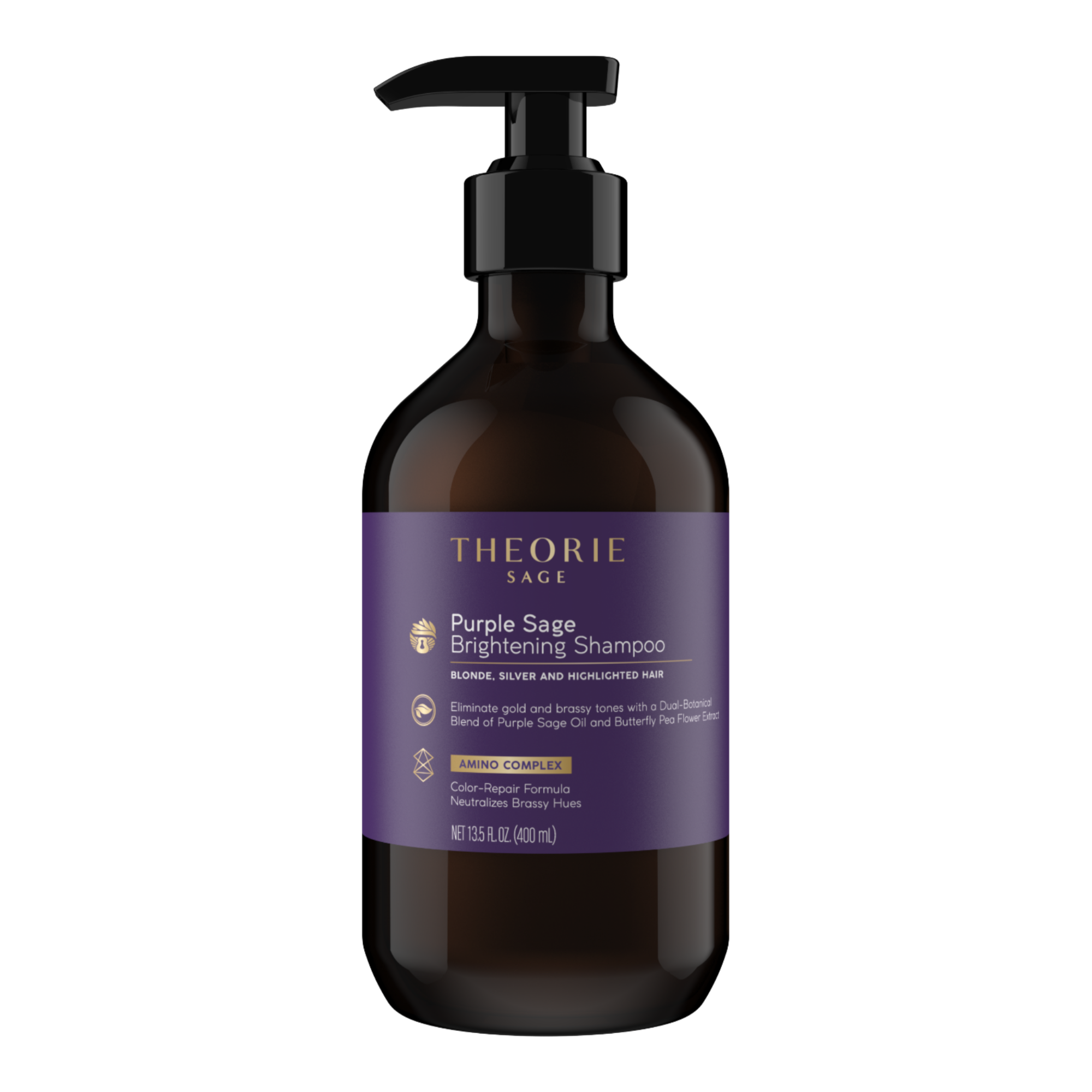 Theorie Purple Sage Brightening Shampoo bottle on a white background