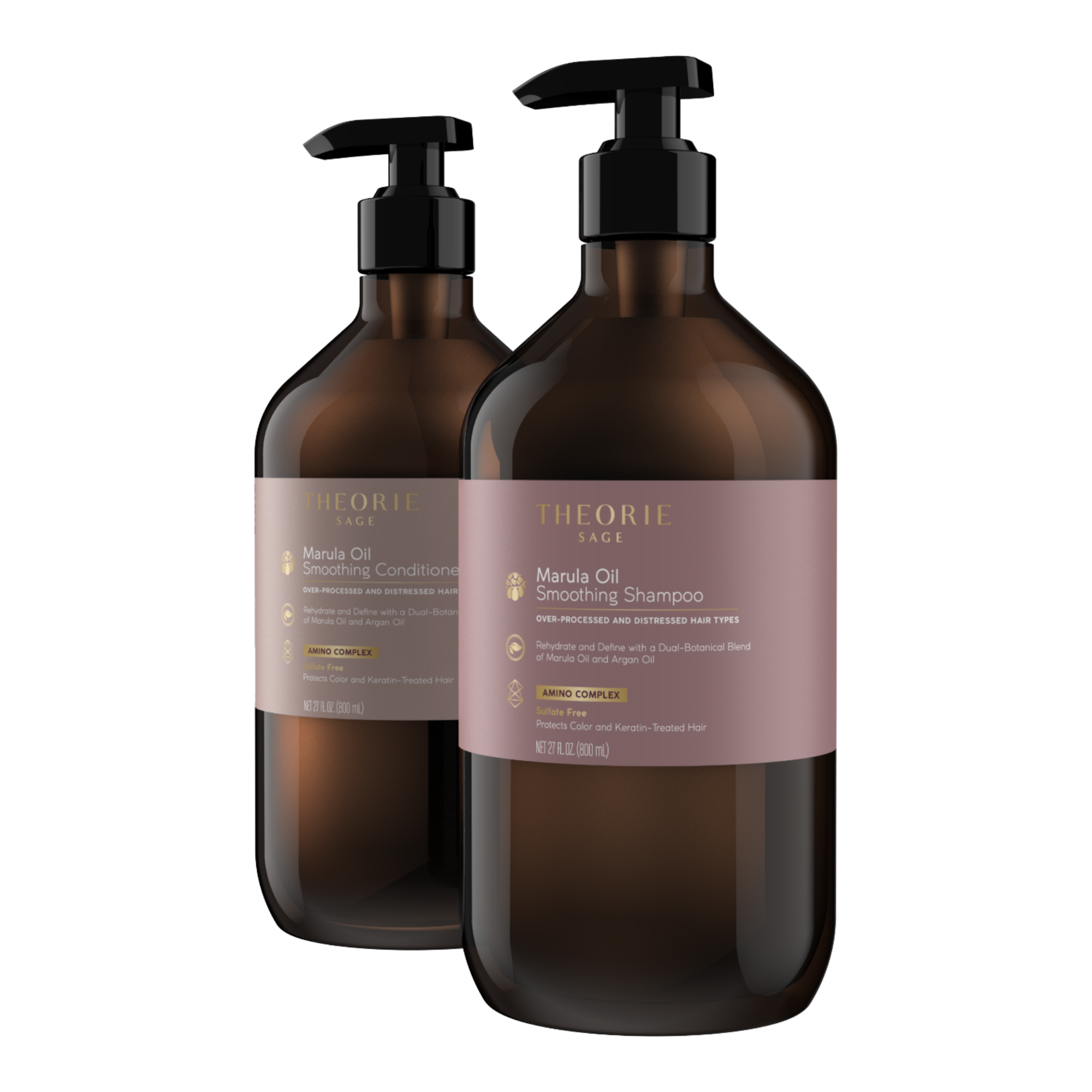 Two bottles of Theorie hair care products on a white background