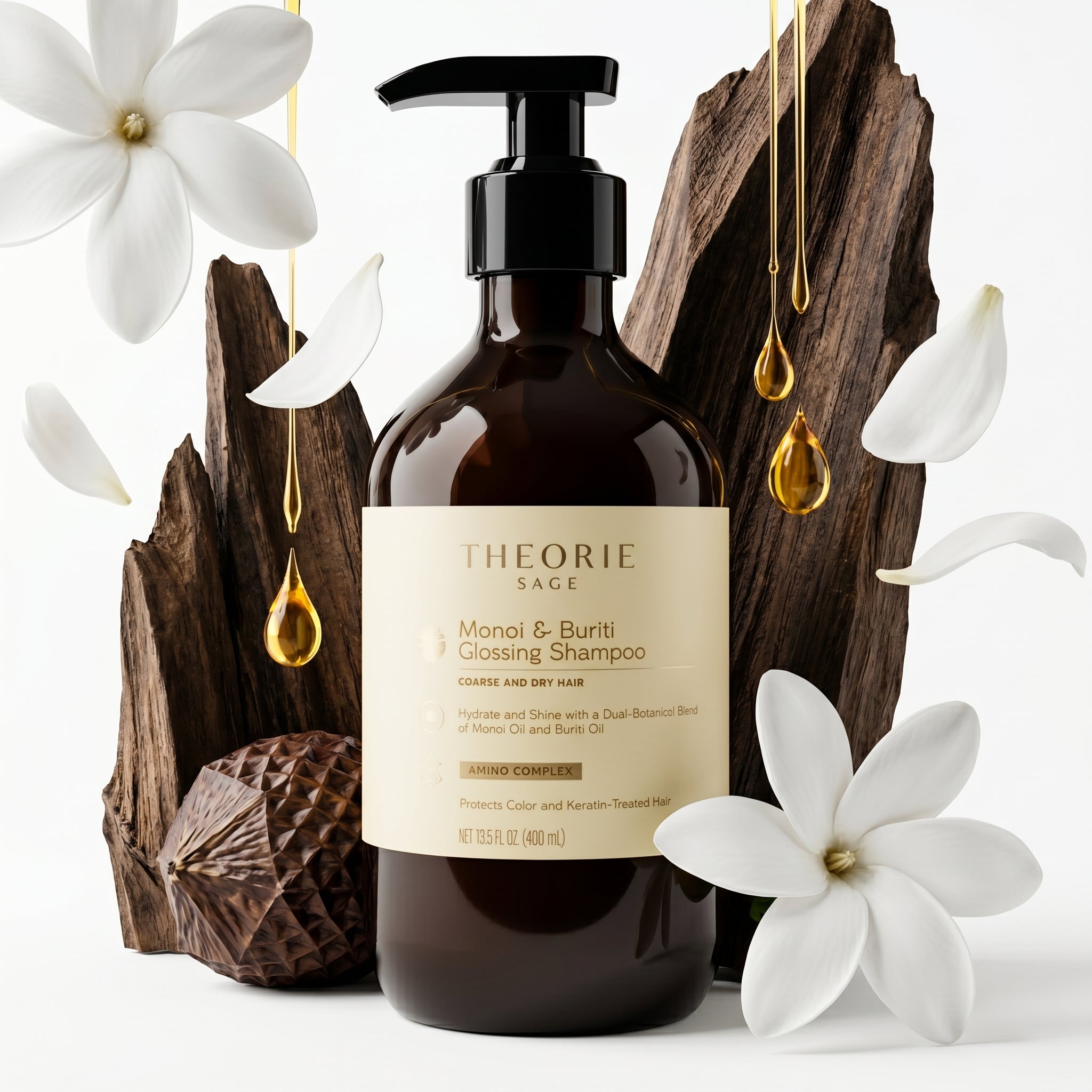 Theorie shampoo bottle with flowers and wooden elements on a white background